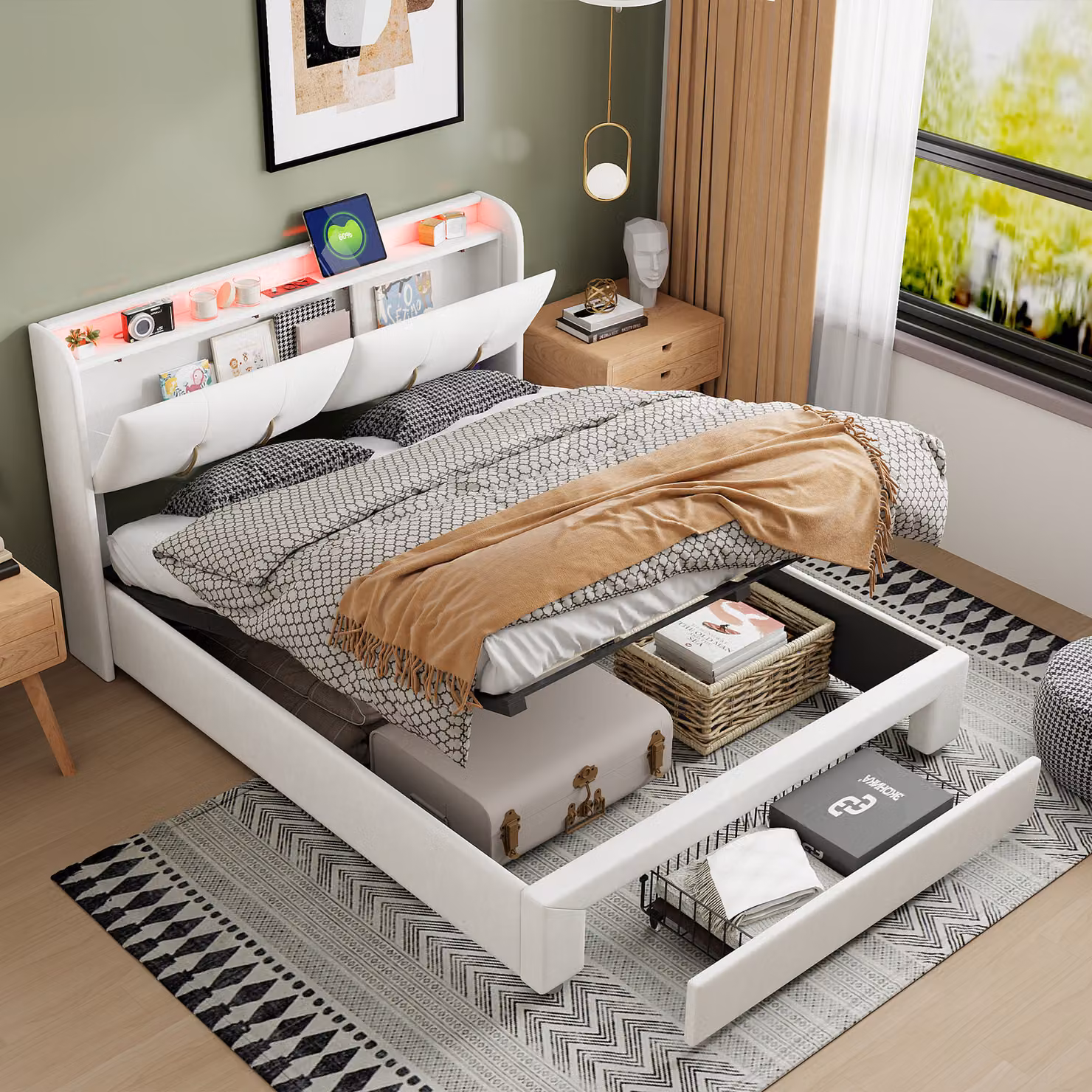 Letto imbottito ProximaX 140x200cm con rete a doghe, letto a molle idrauliche con contenitore, letto contenitore letto matrimoniale con testiera contenitore，USB e LED, vellutato, beige