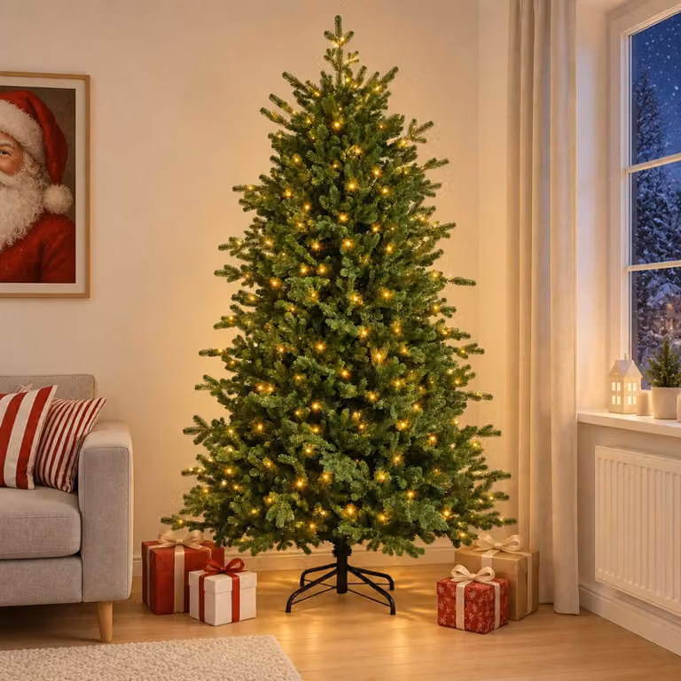 Albero di Natale artificiale pieghevole, altezza 180 cm, con 300 luci a LED
