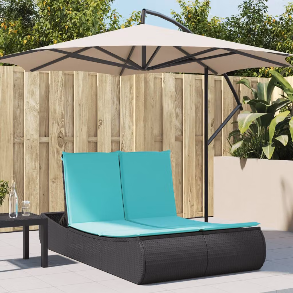 vidaXL Lettino Prendisole Doppio in Polyrattan Nero con Cuscini Turchesi e Poggiatesta Regolabile