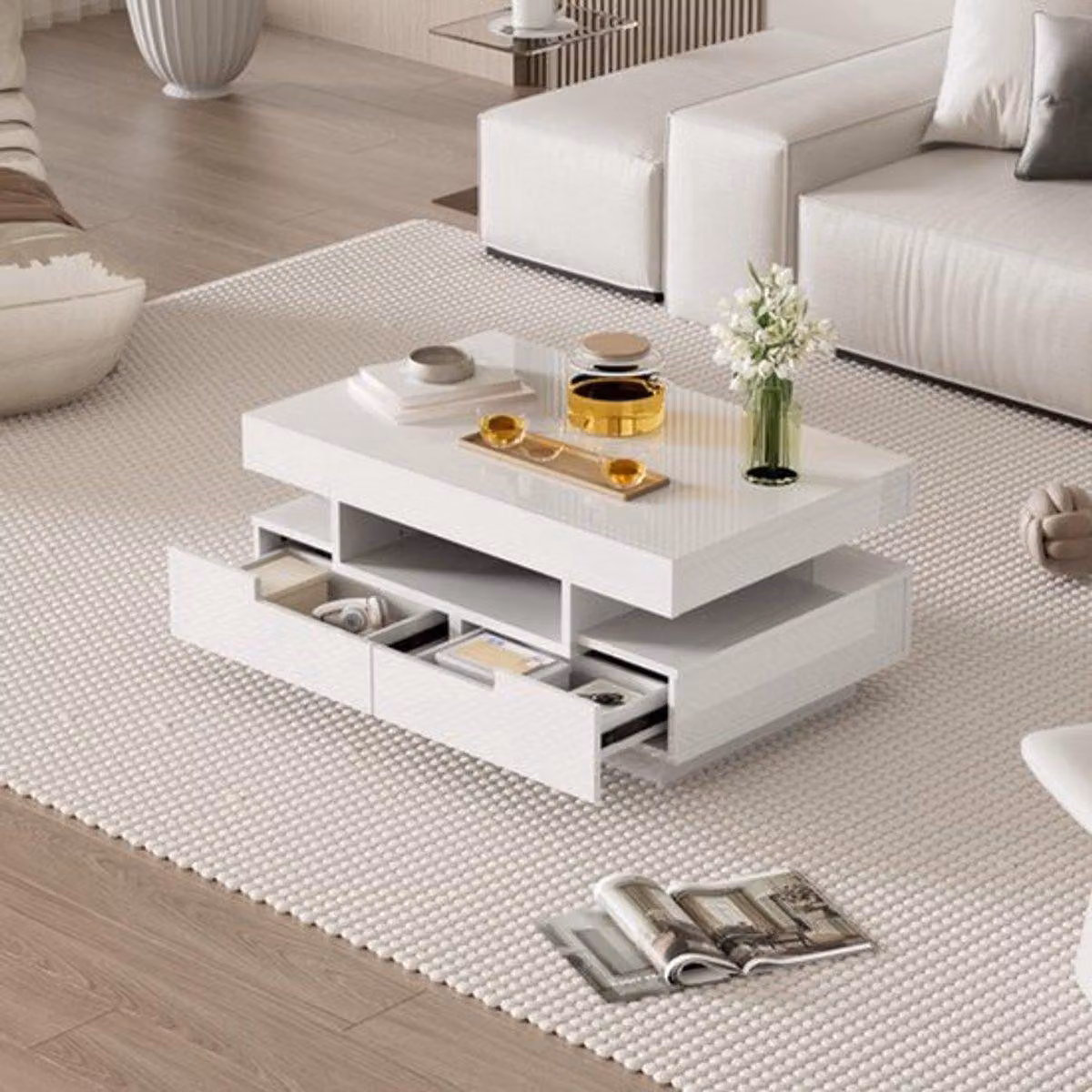 Tavolino da salotto bianco lucido - 93x59x45 cm - Con illuminazione a LED e quattro comodi cassetti