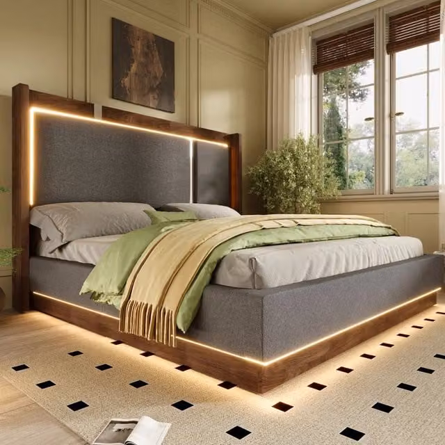 Letto matrimoniale 140 × 200 cm con contenitore idraulico LED in lino grigio e legno con rete a doghe