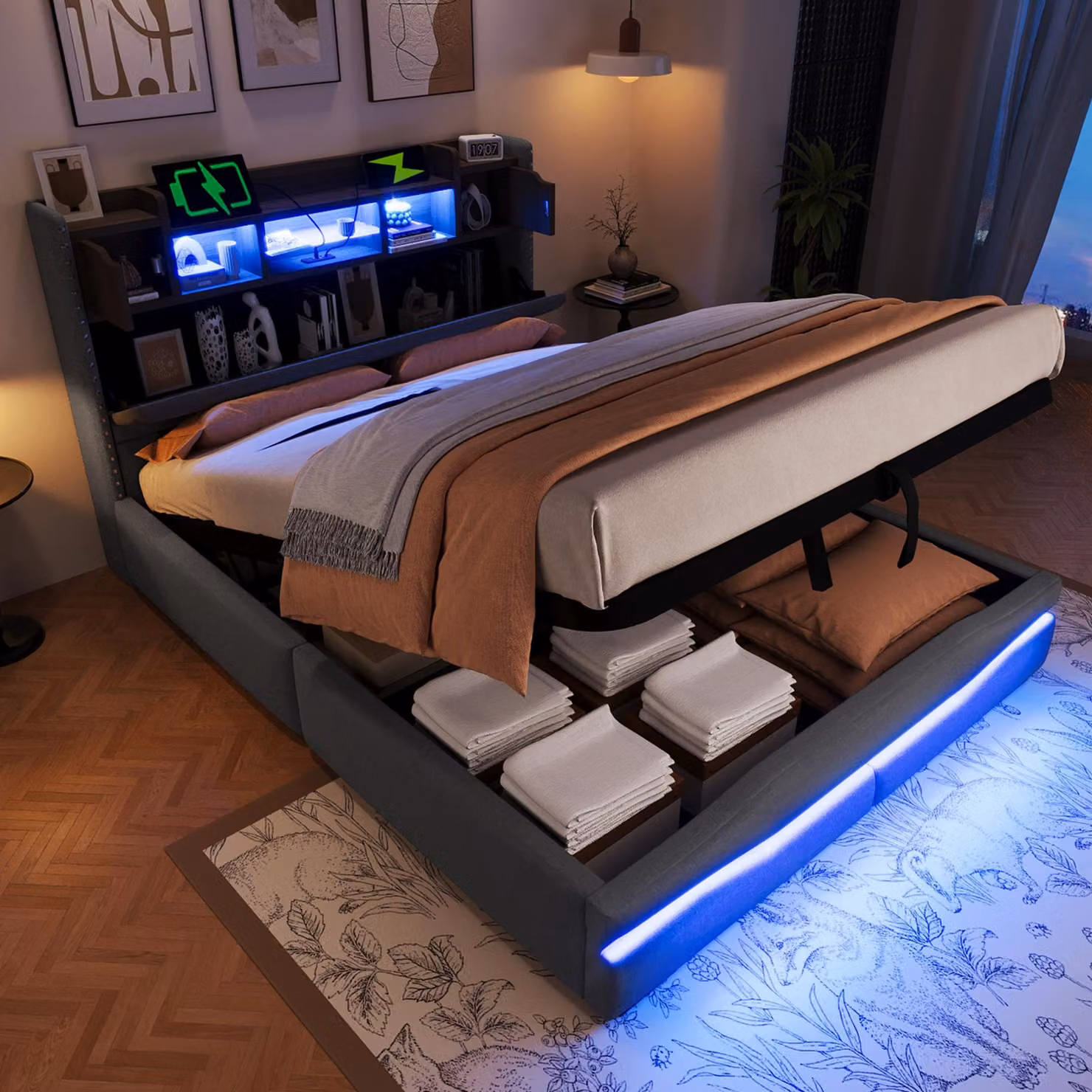 MODFU Letto imbottito con contenitore 140x200, letto per bambini senza materasso con presa USB e luce d'atmosfera telecomandata, contenitore nella testata, grigio