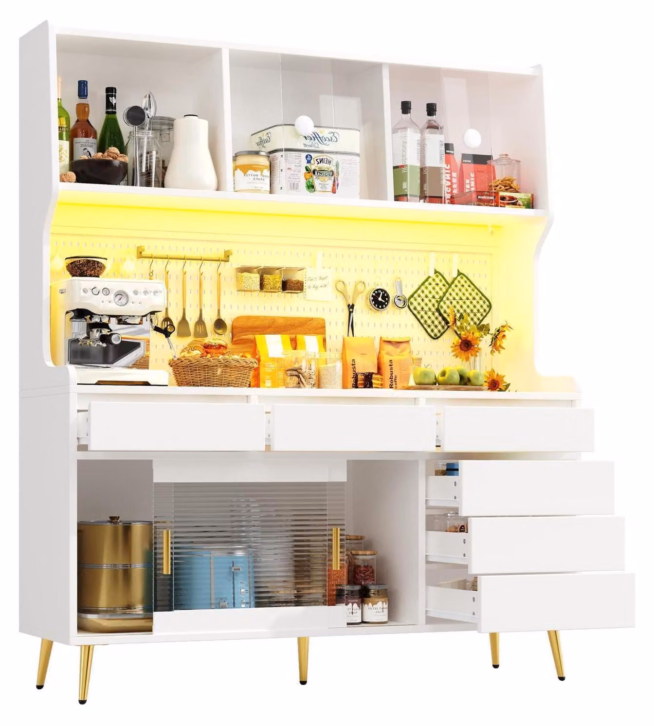 Armadio alto da cucina con illuminazione a LED, cassetto, pannello forato, dimensioni 145x39x171 cm, colore bianco