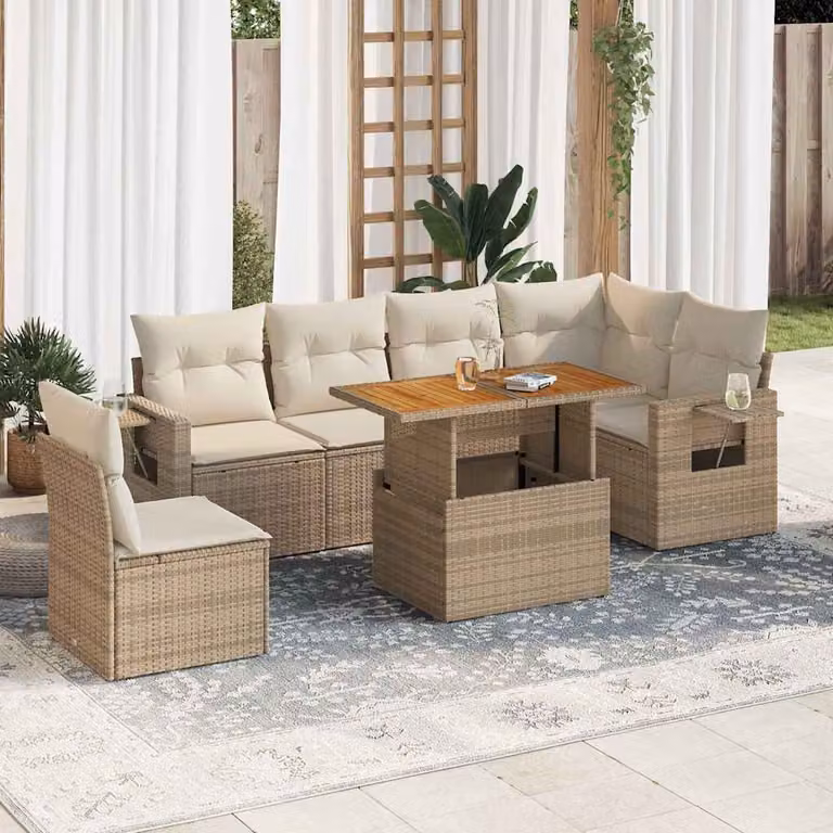 Set Divani da Giardino vidaXL 7 pz in Polyrattan con Cuscini Beige e Tavolino da Esterno