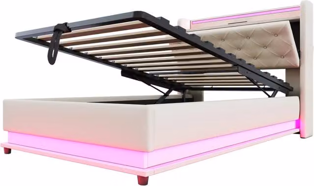 Letto singolo con contenitore Chicfurn in lino beige con illuminazione LED e porte USB/Type-C L/P/H: 90 x 200 x 108 cm