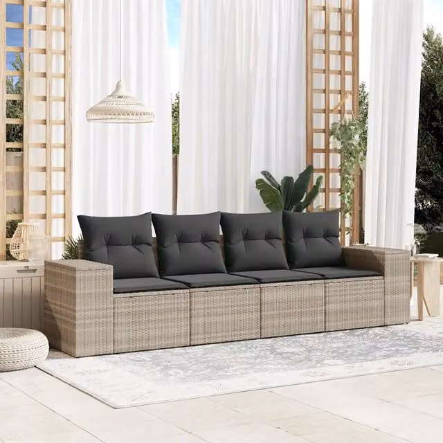Set Divano da Giardino 4 pz con Cuscini-Sofa da Giardino-Divanetto da esterno Grigio Chiaro Polyrattan 541075