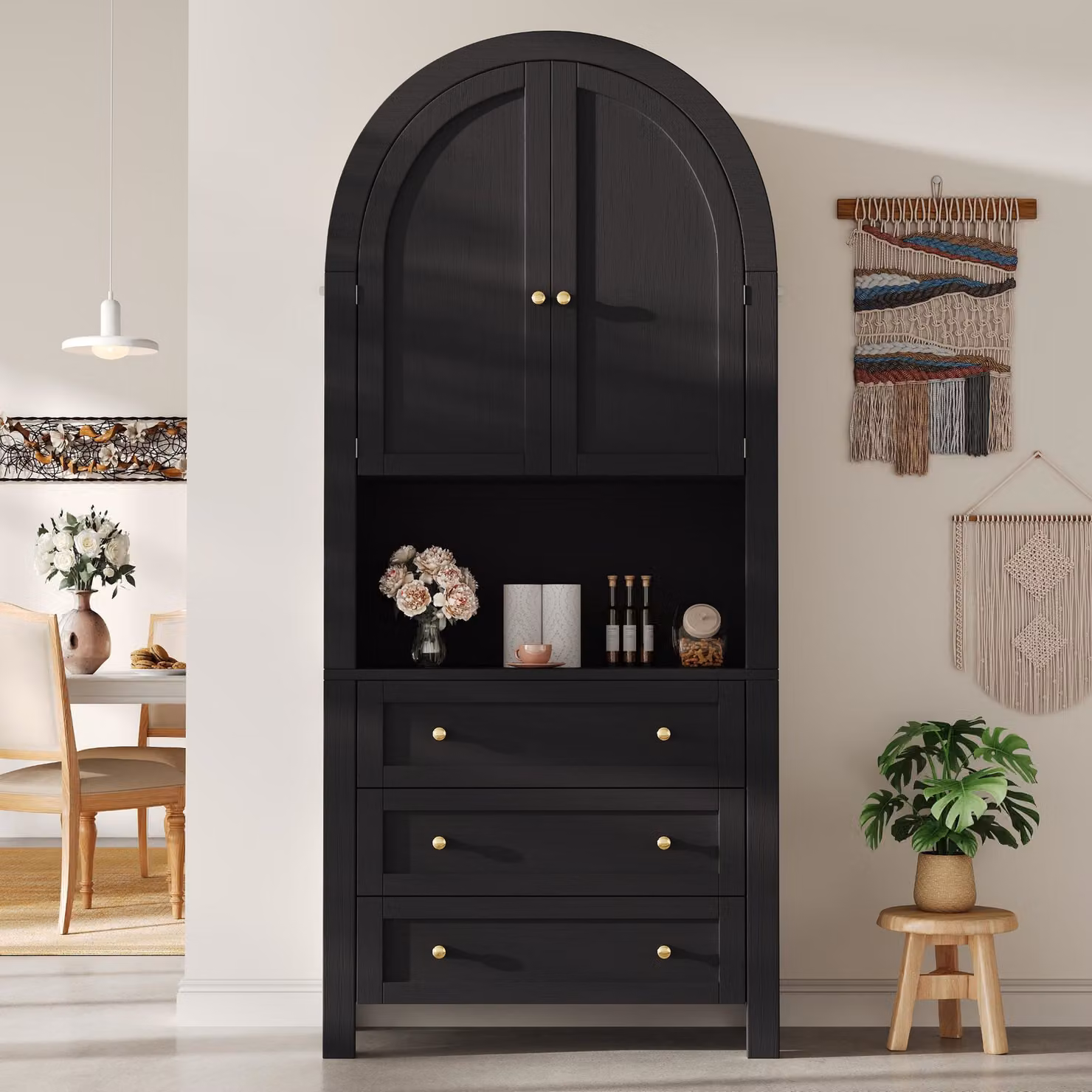 Mobile contenitore moderno con ante, cassetti e vano espositivo per cucina o soggiorno, Nero, L: 70 cm, P: 35 cm, H: 180 cm – 2