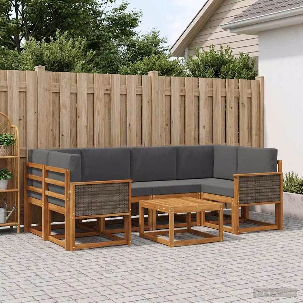 Set di divani da esterno vidaXL in legno di acacia con cuscini, colore naturale e antracite, composto da 5 pezzi con forma a L, elemento angolare, pouf e tavolino da giardino