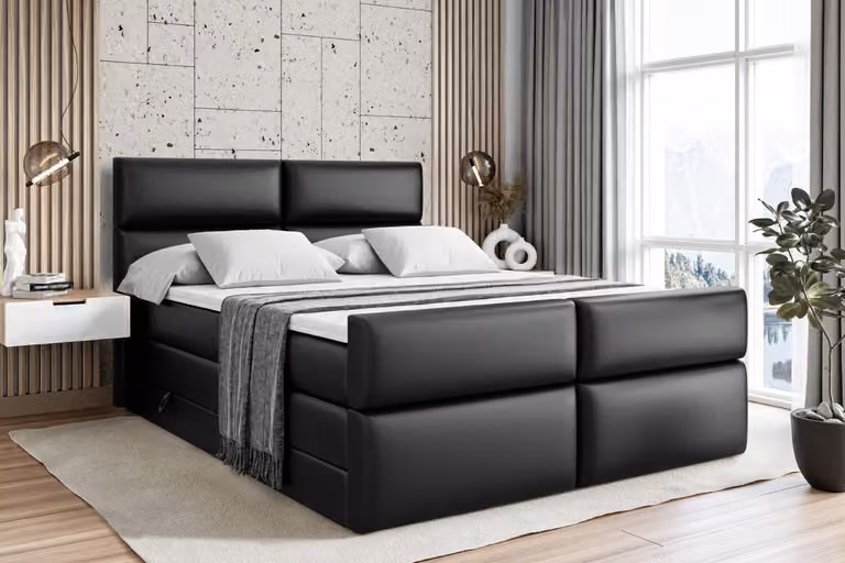 Letto boxspring ALTDECOR con pediera, 2 materassi e topper - 180x200 cm - BOXI3-Z KING - Pelle finta nera - Letto imbottito con materassi H3 e H4, contenitore e rete a doghe, letto con spazio contenitivo