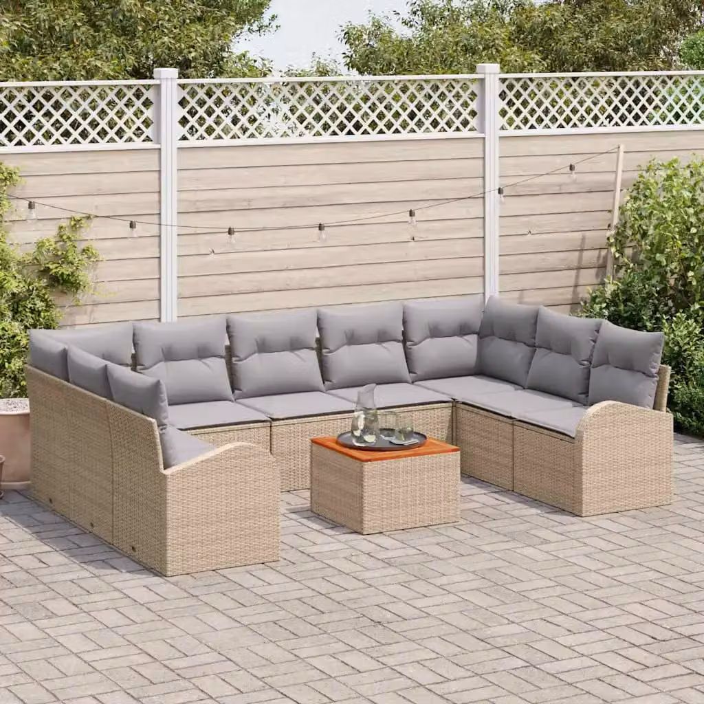 vidaXL Set Divano da Giardino 10 Pezzi in Polyrattan con Cuscini Beige e Grigio – 1