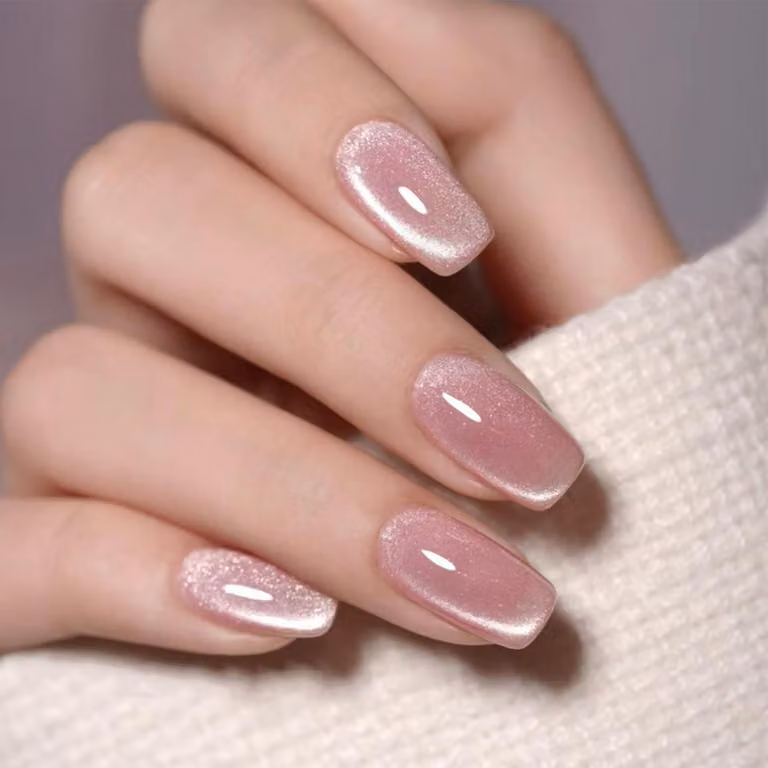 Unghie finte autoadesive, 24 pezzi, colore nude corto con glitter, riutilizzabili