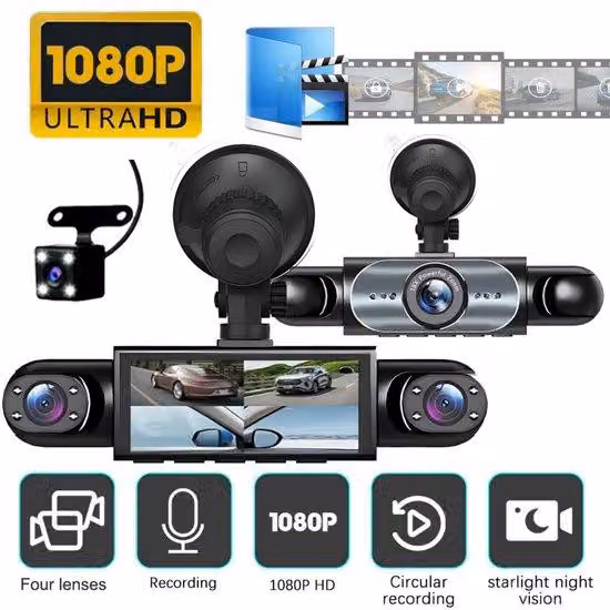 Telecamera a 360 gradi con trasmissione a 4 canali, registrazione Full HD 1080p, visione notturna, sensore G, registrazione in loop, plug-and-play, per veicoli, taxi e uso privato a fini di sicurezza stradale.