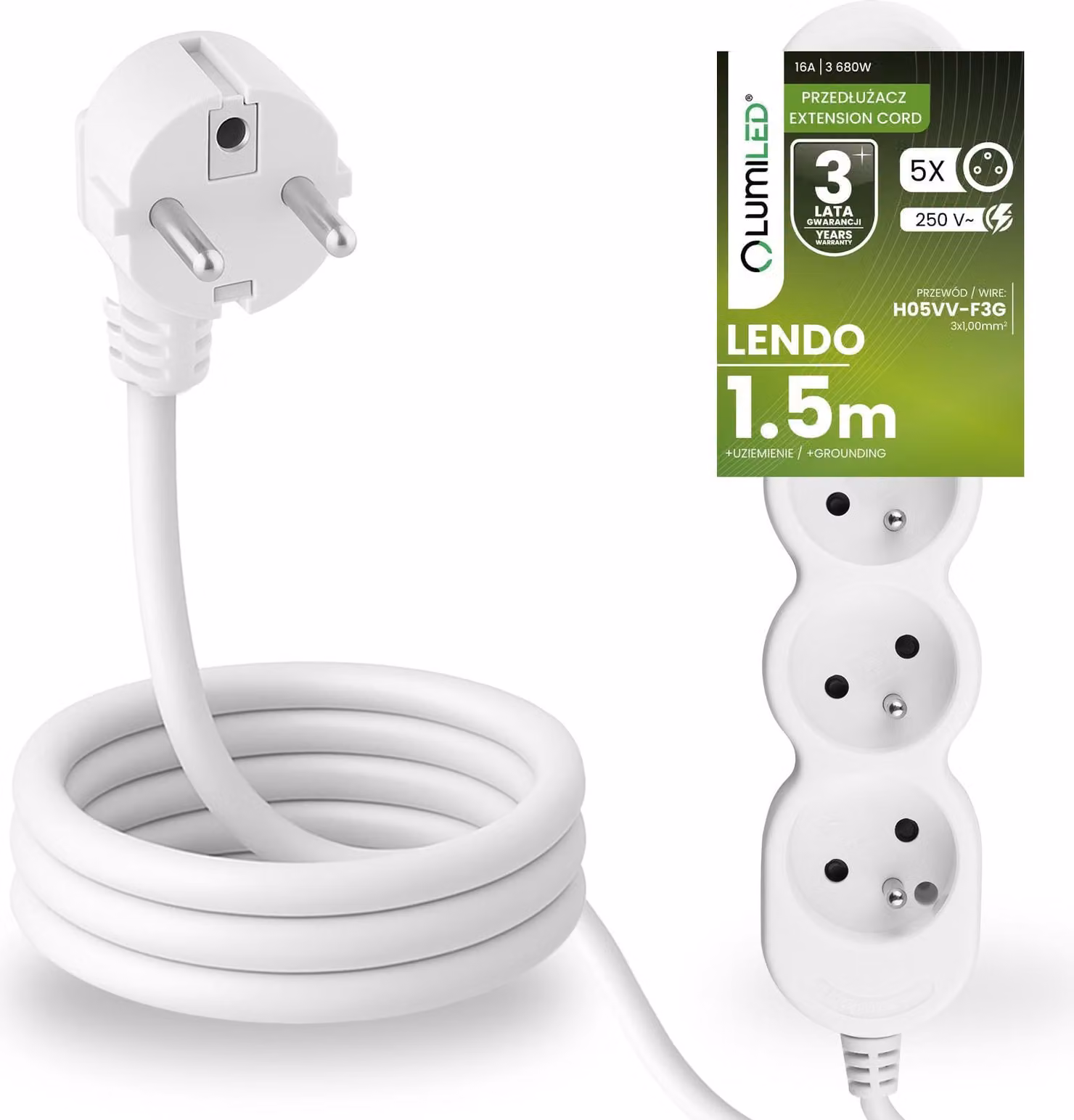 Presa multipla LUMILED Presa a 5 prese tipo E, cavo da 1,5 m H05VV-F3G, bianco, presa multipla E 16A 3680W 250V IP20 Staffa per sospensione