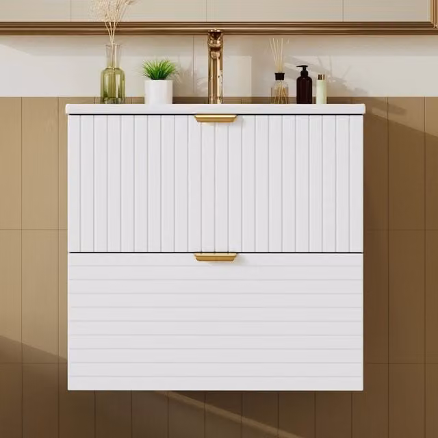 Mobile sottolavabo sospeso con lavabo integrato e 2 cassetti silenziosi, per bagno, MDF laccato bianco, 61 × 46 × 57 cm