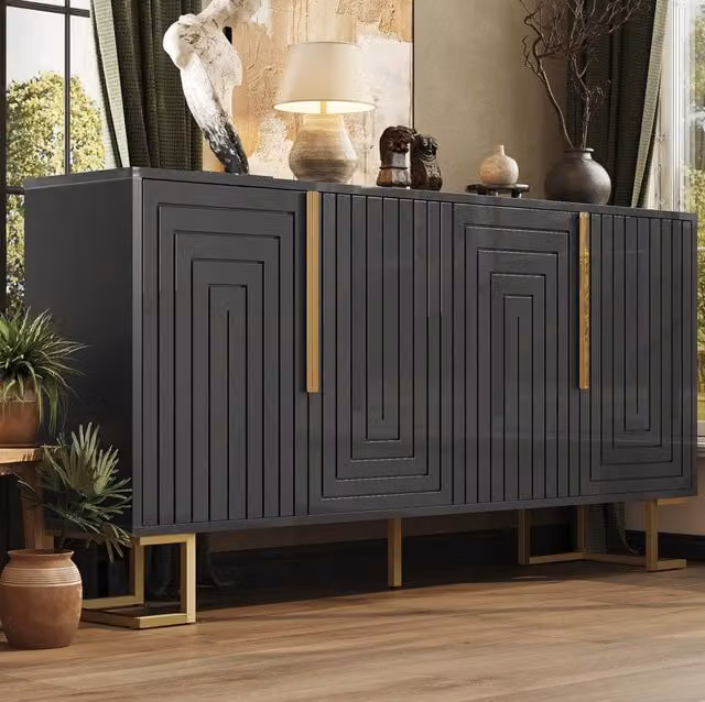 Credenza 152x40x75 cm con 2 ante e 4 vani; MDF nero