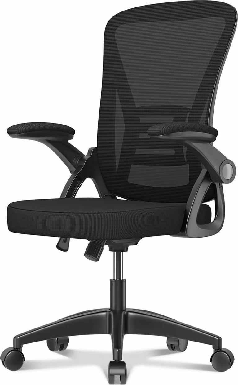 Sedia da ufficio - Seduta ergonomica - Sedia con braccioli ribaltabili a 90° - Supporto lombare - Regolabile in altezza - In ferro