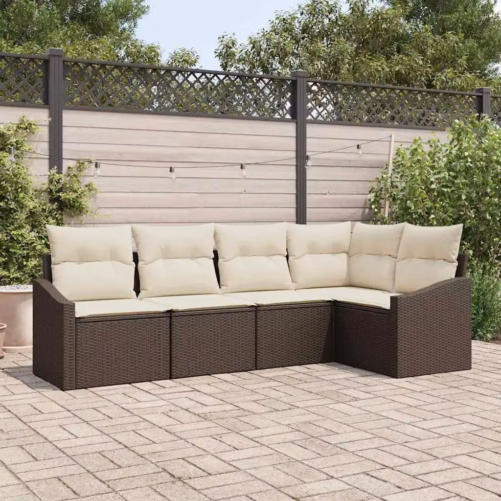 Set Divano da Giardino vidaXL 5 Pezzi a Forma di L in Polyrattan Marrone e Bianco con Cuscini e Struttura in Acciaio Verniciato a Polvere – 1