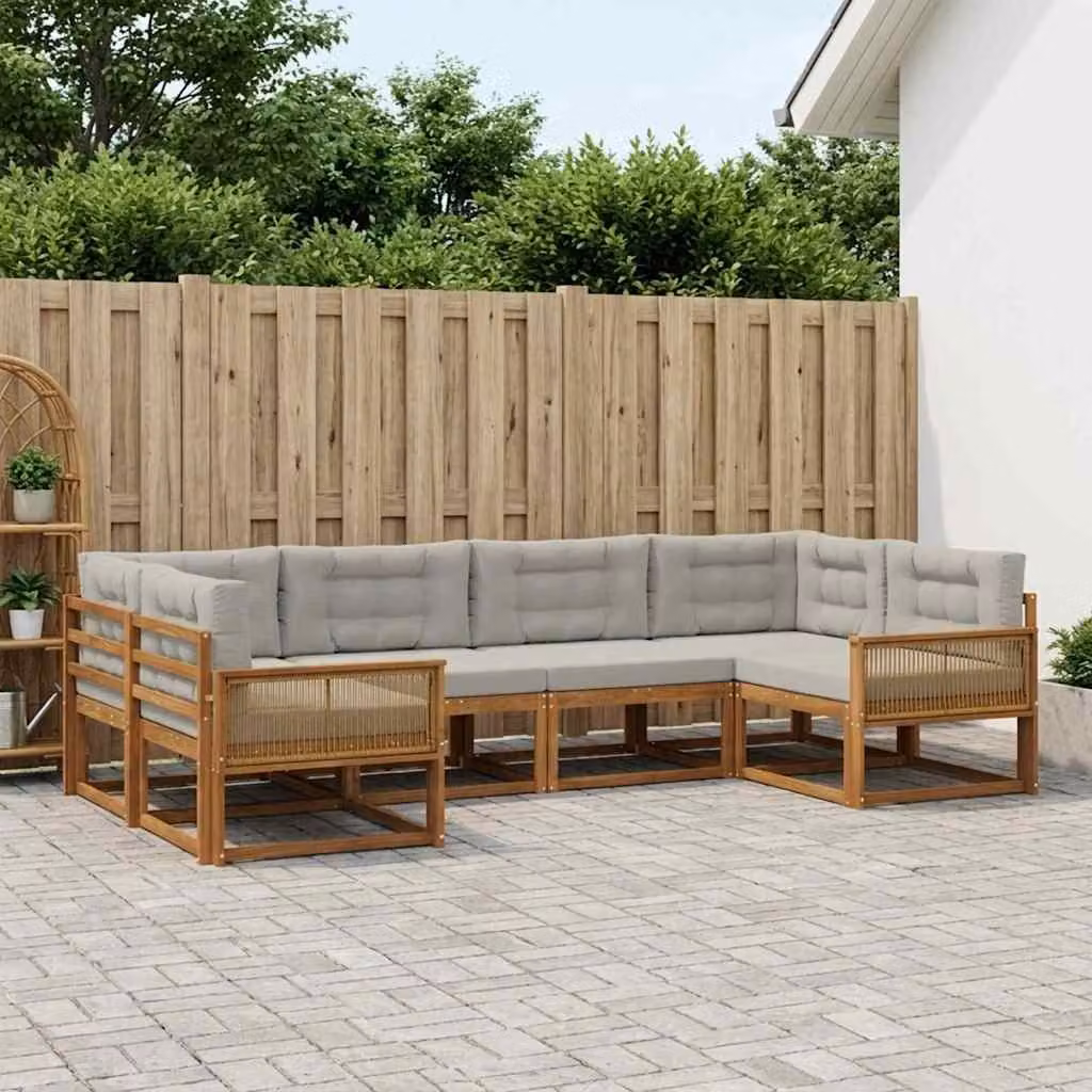 Set di divani da esterno vidaXL a forma di L in legno di acacia con cuscini, beige e grigio