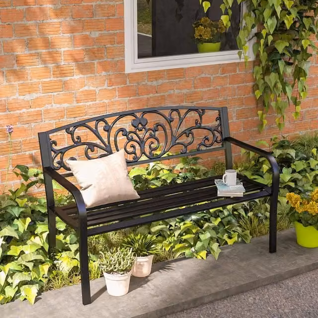 Panchina da giardino MODFU a 2 posti in metallo nero con braccioli L: 127 cm, P: 60 cm, H: 87 cm – 1