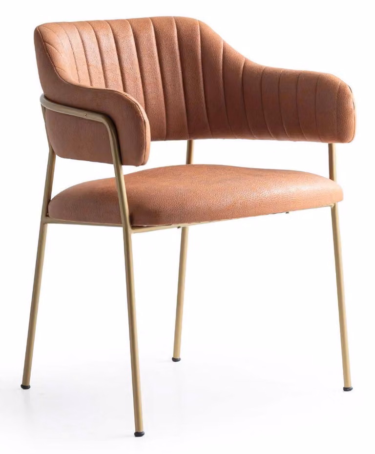 Poltrona moderna, colore marrone e oro, rivestita in ecopelle, ideale per la sala da pranzo