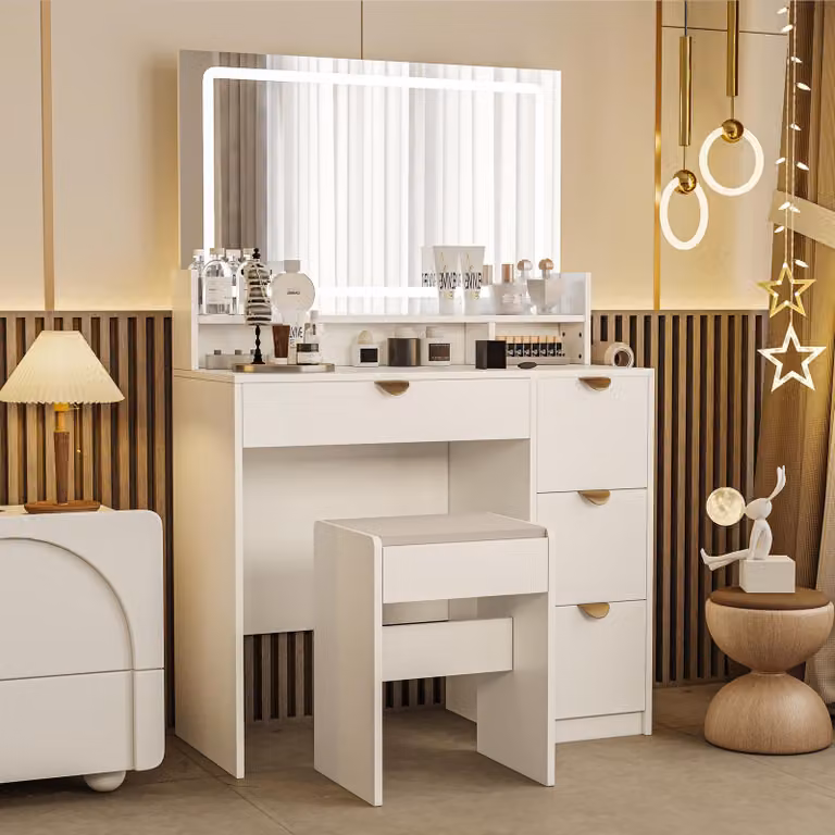 Comò cosmetico Moonbite con specchio a LED – 3 tonalità di luce, contenitore per gioielli, presa di corrente europea, porta USB, supporto per asciugacapelli e poggiapiedi, realizzato in legno composito, colore bianco