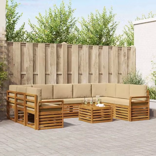 Set di divani da esterno a forma di U vidaXL in legno di acacia con tavolino da caffè e cuscini, colore beige e marrone