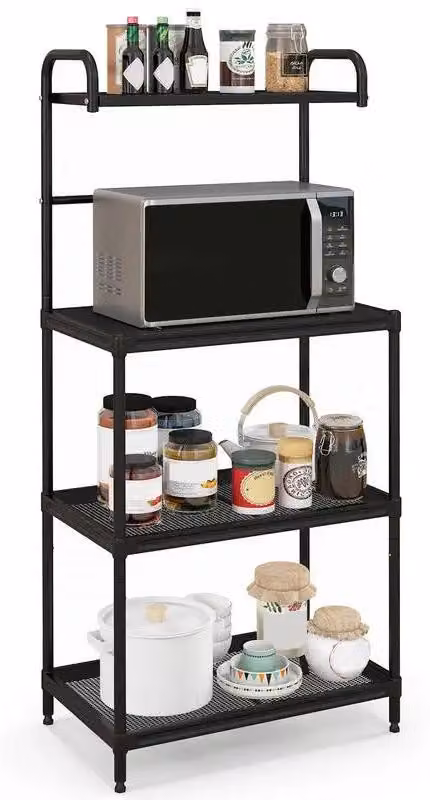 Ripiano a 4 livelli per microonde da cucina, con mensole in metallo, colore nero