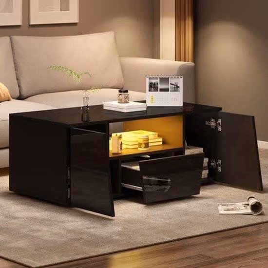 Tavolino da soggiorno – Tavolino da caffè – Tavolo – Bianco lucido – 2 cassetti e 1 base di ricarica – 100x50x40 cm – Forma irregolare – Realizzato con materiali sostenibili e facile da montare