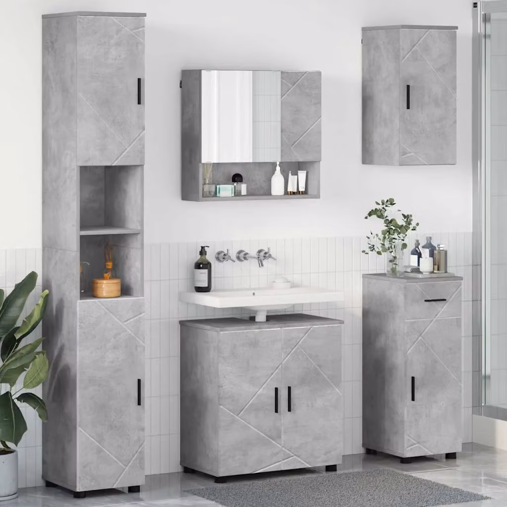 Set di mobili per il bagno moderno vidaXL in 5 pezzi Grigio con vanità, armadietto con specchio e colonna, L/P/H: 61 x 35 x 64 cm – 1