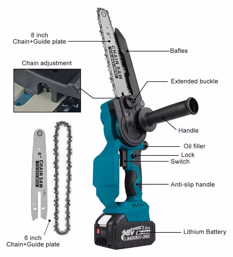 Troncatrice elettrica a catena da 8 pollici - Motore brushless - Senza fili - per potatura e taglio di rami