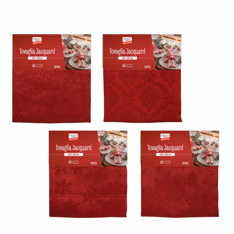 Tovaglia Natalizia Jacquard Vestiamo Casa Rossa con Motivo Floreale per 8 Posti L: 140 cm, P: 240 cm