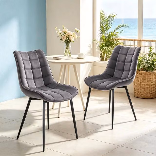 Set di 2 sedie da pranzo moderne in velluto grigio con struttura in metallo e legno