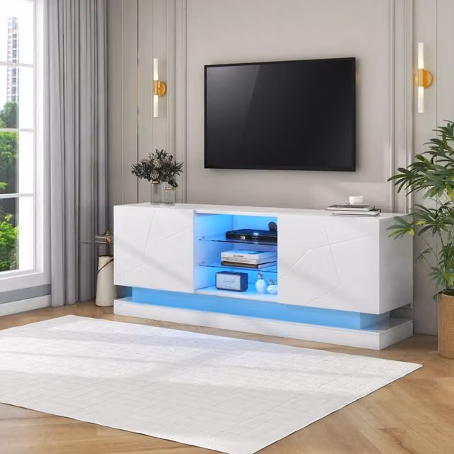 Mobile TV moderno REDOM bianco opaco con illuminazione integrata per TV fino a 70 pollici L: 160 cm, P: 38,5 cm, H: 60 cm