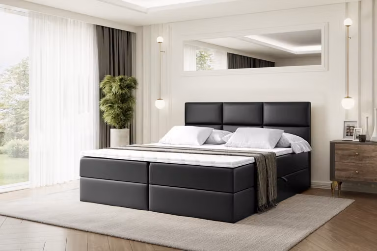Letto boxspring ALTDECOR con materasso (altezza 20 cm) e topper (altezza 5 cm), letto imbottito con testiera e contenitore - OHIO - 180x200 - H4/ nera