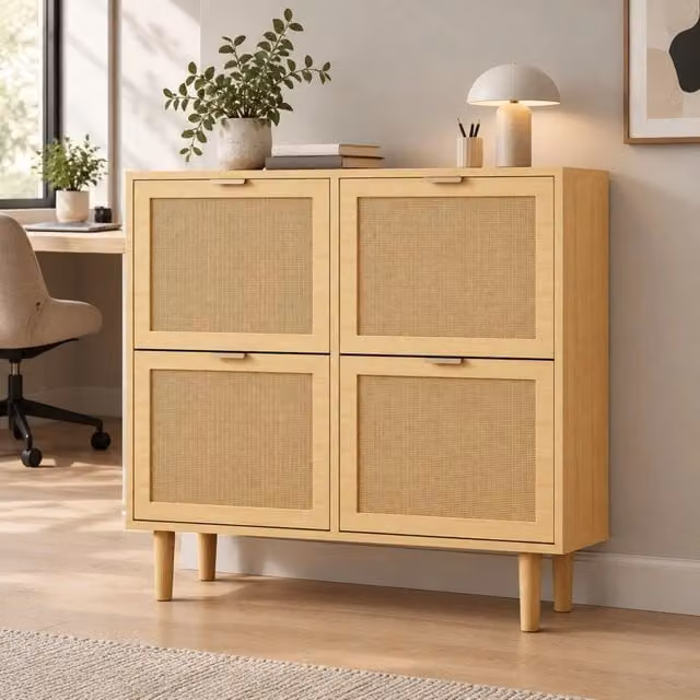 Scarpiera in stile scandinavo con ante in rattan e ripiani interni, rovere beige, L 100 cm x P 25 cm x H 90 cm