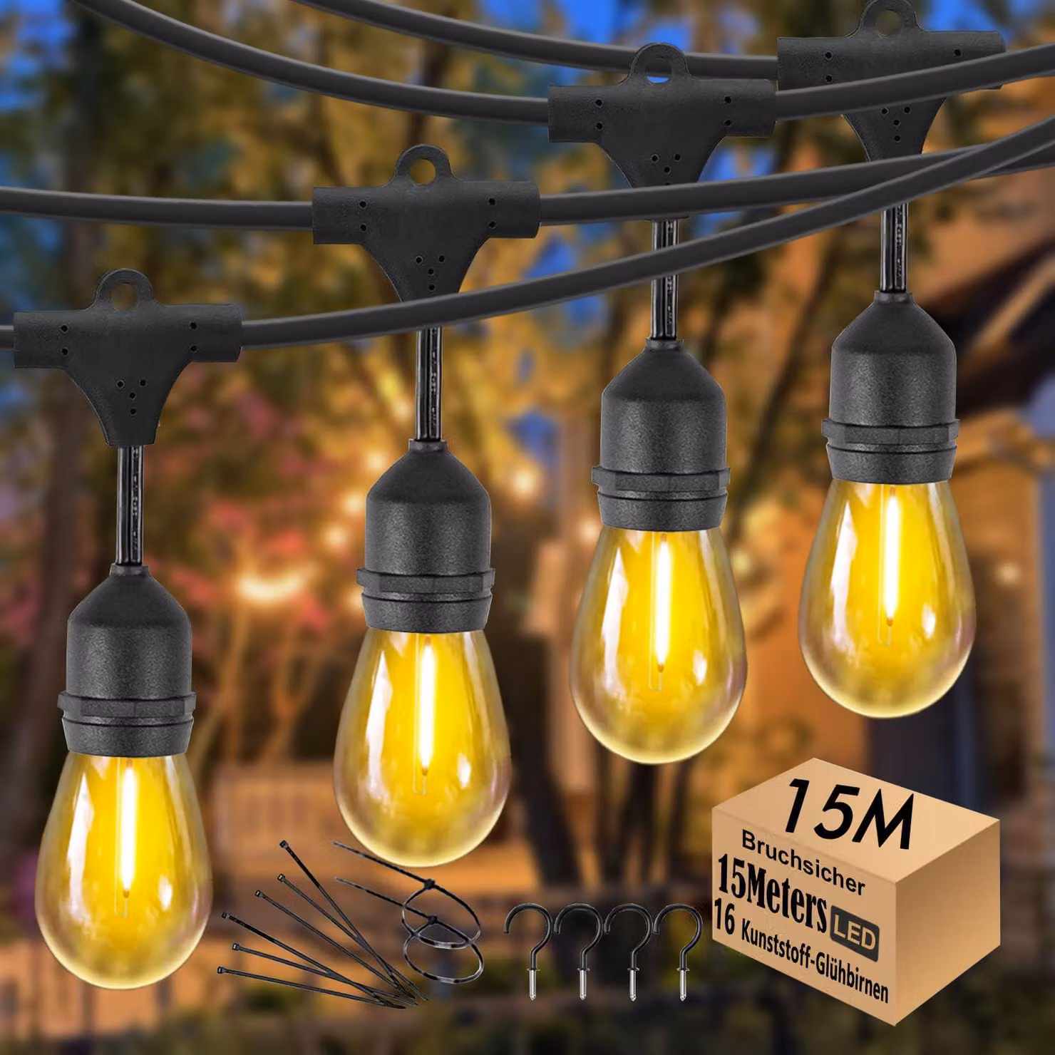 Catena luminosa da 15 metri, grado di protezione IP65, 16 lampadine a LED, luce bianco caldo, dimmerabile