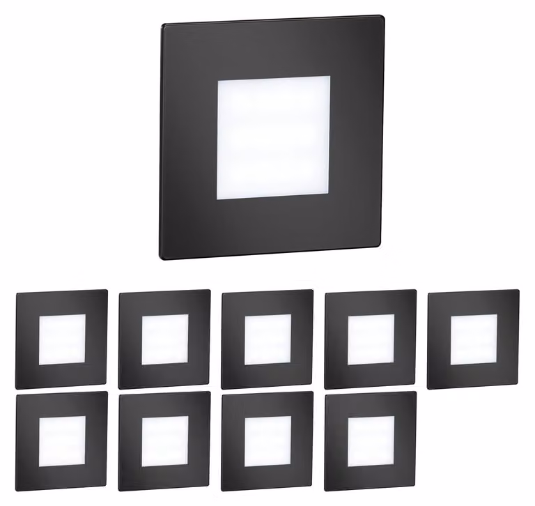 ledscom.de, 10 luci LED per scale/applique da parete FEX, adatte per interni ed esterni, a forma quadrata, colore nero, 85 x 85 mm, luce bianca fredda – Colore: nero / Temperatura di colore: bianco freddo, confezione da 10 pezzi (venduta singolarmente)
