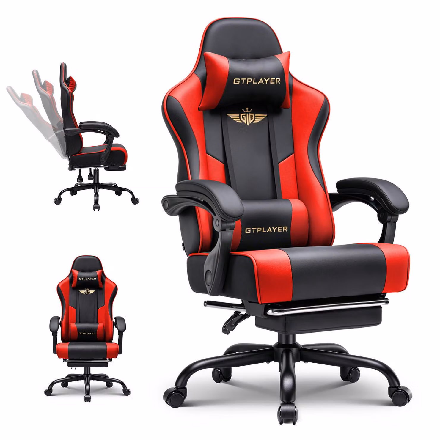 Sedia da gaming GTPLAYER - Sedia da gaming ergonomica con poggiapiedi, poggiatesta e supporto lombare, regolabile in altezza, colore rosso