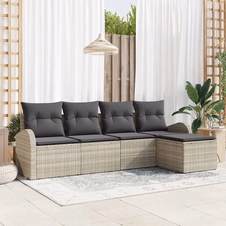 Set Divano da Giardino a L vidaXL in Polyrattan Grigio con Cuscini e Ottoman