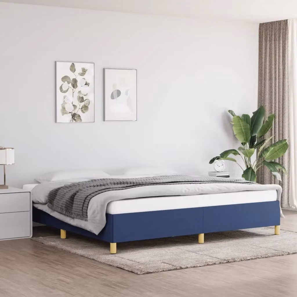 Letto matrimoniale moderno in tessuto blu con struttura in legno e doghe, L/P/H: 200 x 200 x 35 cm – 2