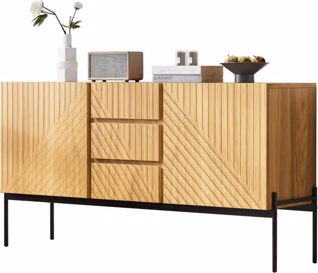 Madia Chicfurn moderna con 2 ante e 3 cassetti per soggiorno e sala da pranzo, colore beige, L: 140 cm, P: 40 cm, H: 75 cm