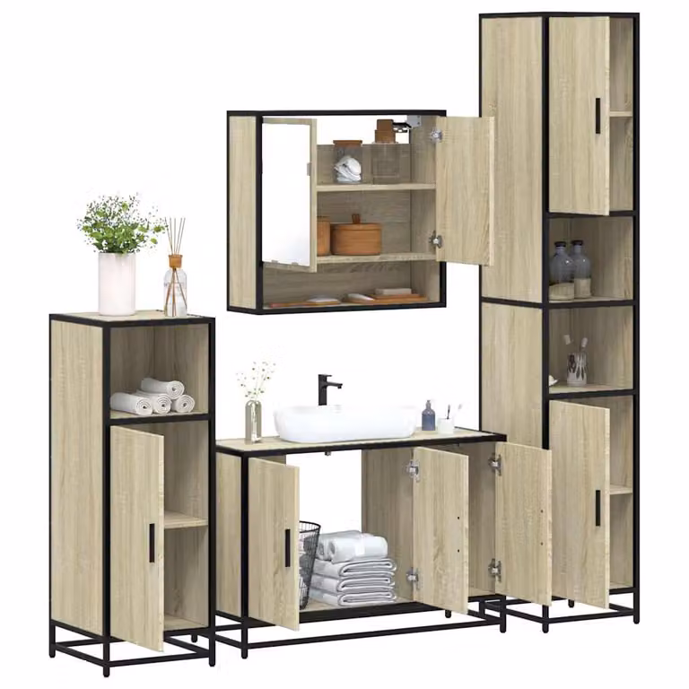 Set di mobili da bagno industrial vidaXL 4 pezzi in legno e metallo marrone con armadietto specchio, mobile lavabo, mobile laterale e colonna alta