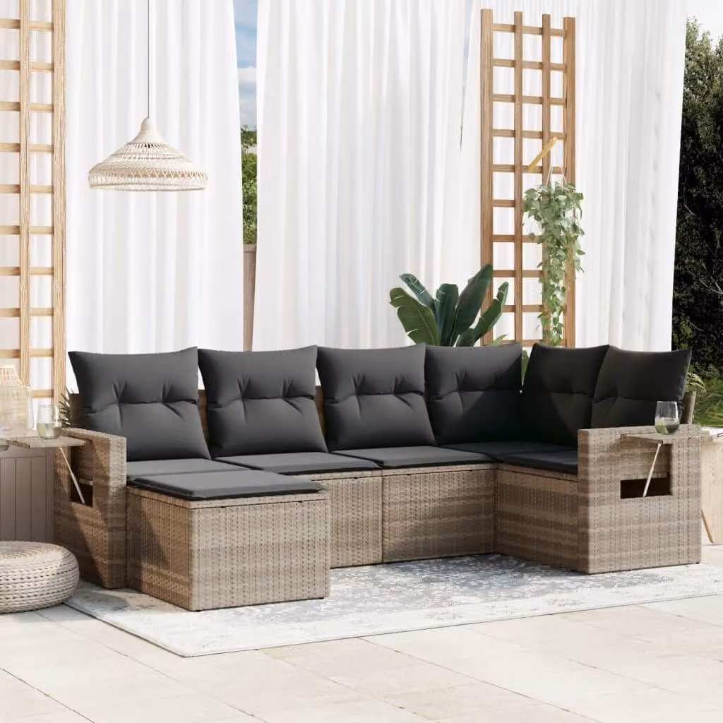 vidaXL Set Divano da Giardino 6pz a Forma di L in Polyrattan Grigio con Cuscini e Tavolino – 1