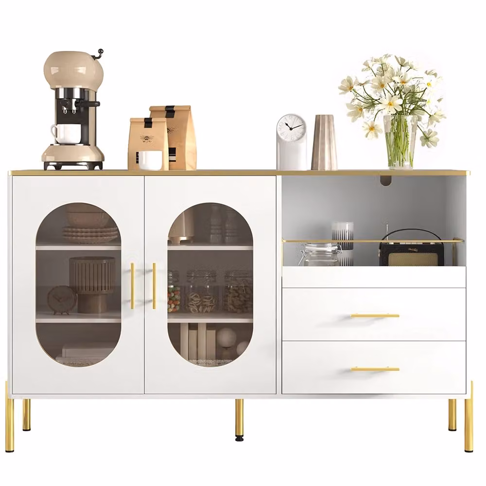 Buffet Xylo moderno con 2 cassetti e 2 ante in vetro, colore bianco e oro – 2