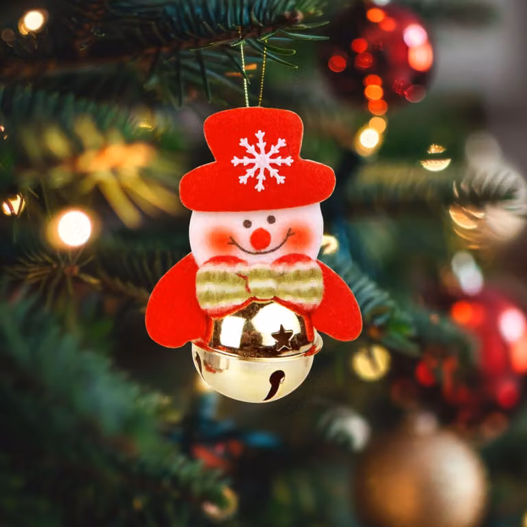 Decorazione per l'albero di Natale: pupazzo di neve con campanello