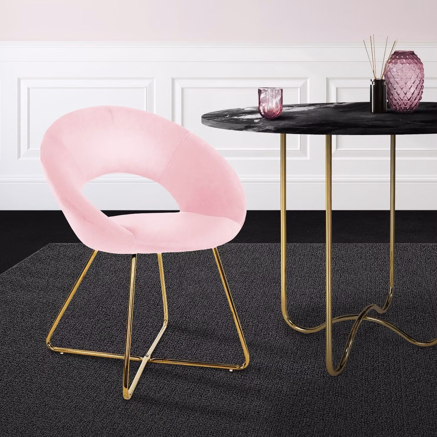 Sedia da pranzo ML-Design con schienale rotondo, rosa, in velluto con struttura in metallo