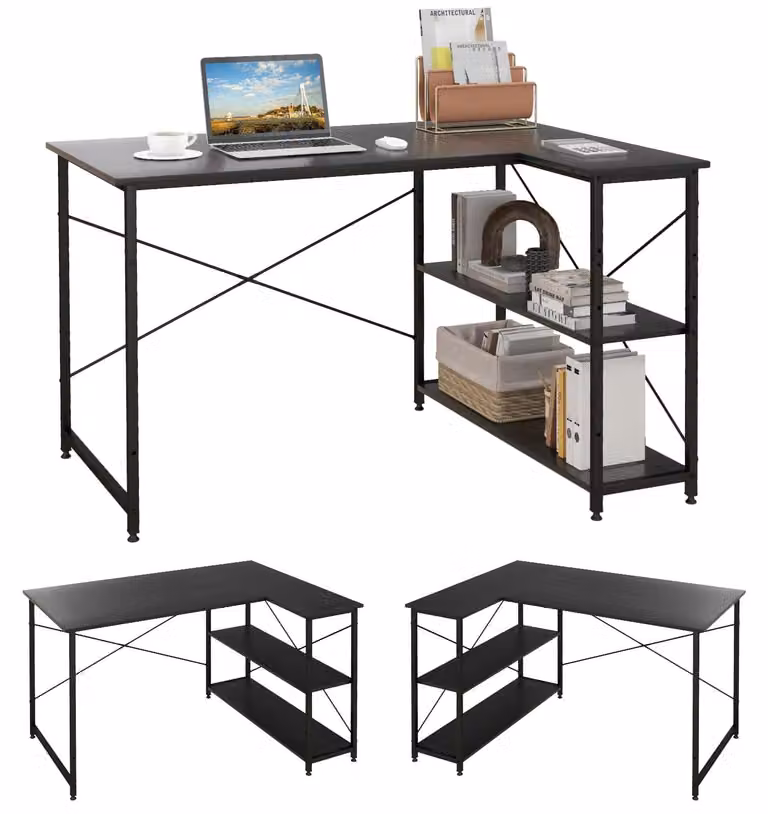 Scrivania ad angolo a forma di "L", con vano portaoggetti a destra o a sinistra, dimensioni 120x88x74,5 cm, ideale per l'ufficio domestico