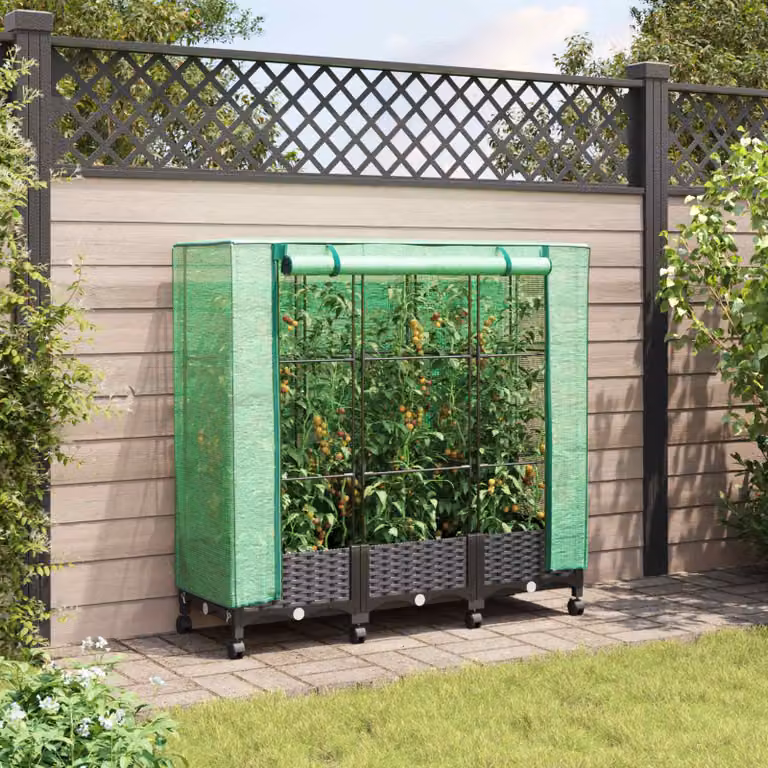 Set di 3 vasi da giardino con copertura per serra e ruote vidaXL, colore nero e verde, in plastica