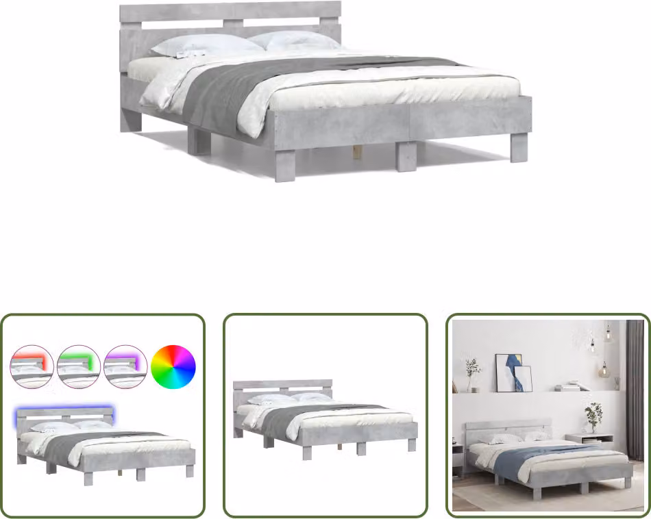 The Living Store Struttura letto con testiera illuminazione LED grigio cemento 135x190 cm