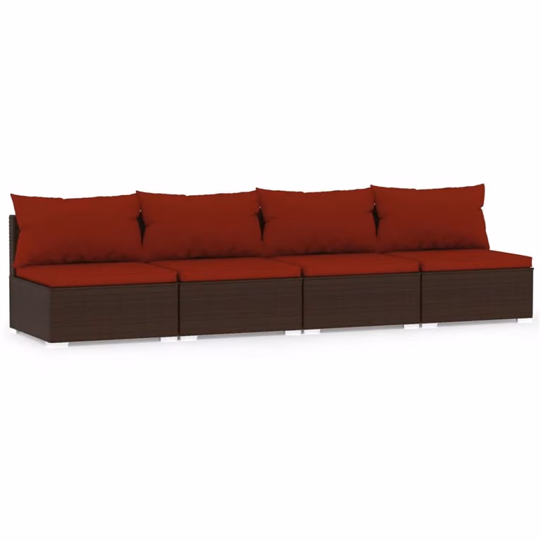 Divano a 4 Posti con Cuscini in Polyrattan Marrone